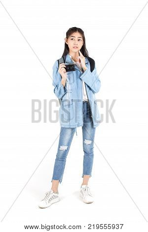 Beautiful Asian Woman Holding Camera With Attractive Smiling, Isolated On White Background.
