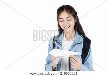 Beautiful Asian Woman Holding Camera With Attractive Smiling, Isolated On White Background.
