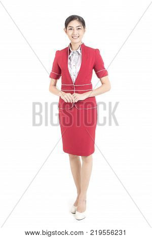 Portrait Of Asian Air Hostess Posing With White Background, Woman Stand And Smile At Isolated On Whi