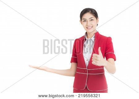 Portrait Of Asian Air Hostess Posing With White Background, Woman Stand And Smile At Isolated On Whi