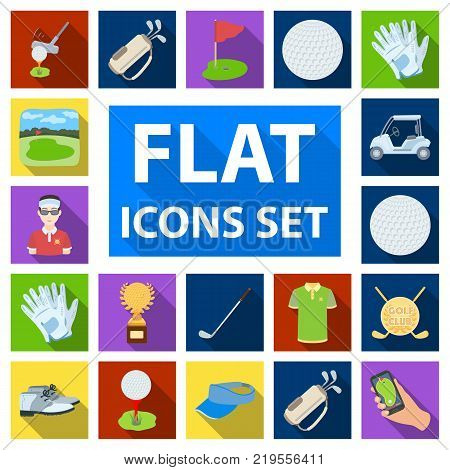Golf and attributes flat icons in set collection for design.Golf Club and equipment vector symbol stock  illustration.