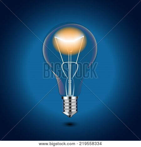 realistic vector illustration of a light bulb glowing with yellow real lamp on a blue background