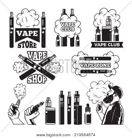 Monochrome labels set for vaping and smoking club or shop. Electronic cigarette and vape shop, vaping club emblem. Vector illustration