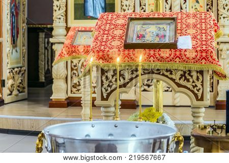 Belgorod Russia - May 20 2017: Holy water font for christening ceremony in Orthodox cathedral's hall in honor of con of Mother of God 