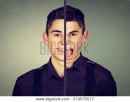 Bipolar disorder concept. Young man with double face expression isolated on gray background