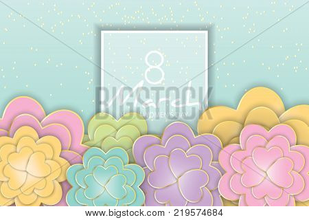 8 March Women's Day floral greeting card. 3d origami paper cut foral bouquet heart shape petals golden lines. Frame with text. Happy Mother's Day. Vector spring illustration