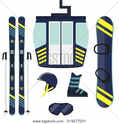 Skiing Equipment, Set. Skis, Ski Poles, Helmet, Glasses, Boots, Jacket. Winter Equipment Icons. Vect