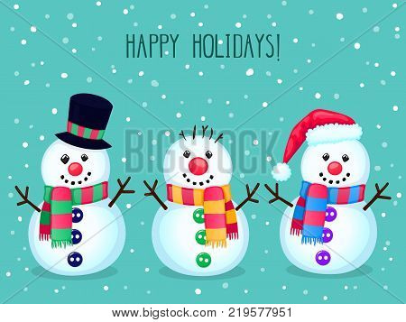 Christmas vector greeting card with cute snowmen. Colorful winter cartoon background. New year vector illustration with text "Happy holidays!"
