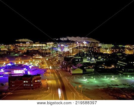 Night Salekhard. Night City In Colorful Lights. Salekhard Is The Capital Of The Yamal-nenets Autonom