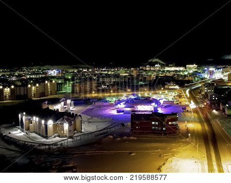 Night Salekhard. Night city in colorful lights. Salekhard is the capital of the Yamal-Nenets Autonomous District.