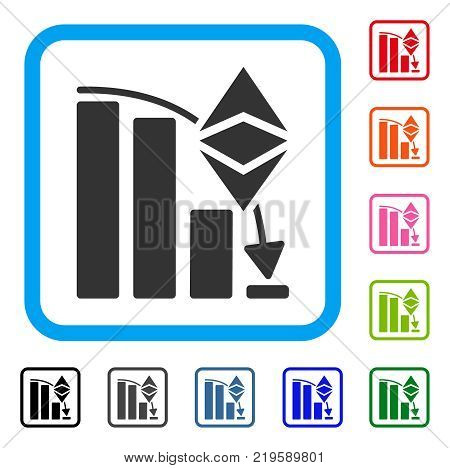 Ethereum Classic Falling Chart icon. Flat gray pictogram symbol inside a blue rounded square. Black, gray, green, blue, red, orange color versions of Ethereum Classic Falling Chart vector.