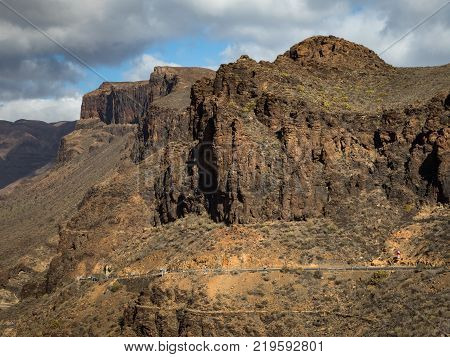 View of the mountain landscape from the viewpoint Degollada de Las Yeguas, along the road. Gran Canaria in Spain.