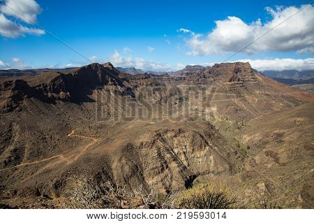 View of the mountain landscape from the viewpoint Degollada de Las Yeguas, along the road. Gran Canaria in Spain.