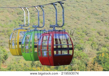Udaipur India - October 16, 2017: Cable Car To Shri Manshapurna Karni Mata Temple In Udaipur