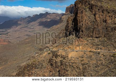 View of the mountain landscape from the viewpoint Degollada de Las Yeguas, along the road. Gran Canaria in Spain.