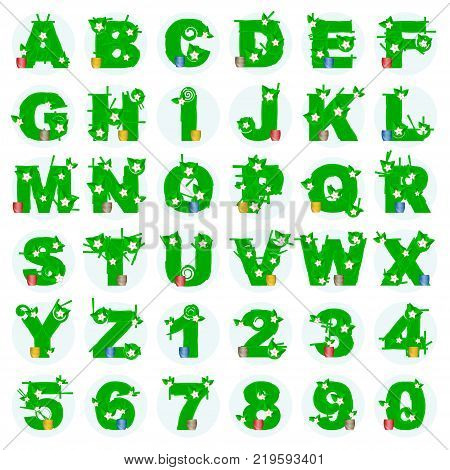 Green Growth Vector Alphabet. Letters with Leaves and Sprouts. Flower Pots Icons.