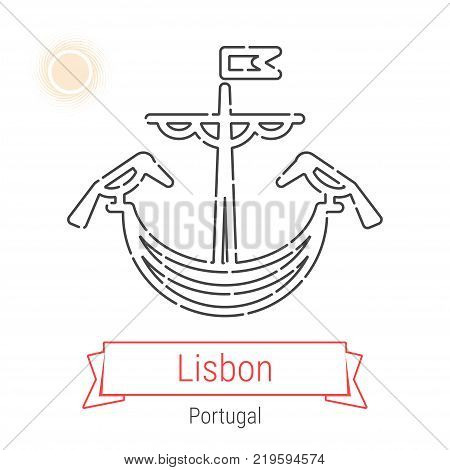 Lisbon, Portugal Vector Line Icon with Red Ribbon Isolated on White. Lisbon Landmark - Emblem - Print - Label - Symbol. Lisbon Coat of Arms Pictogram. World Cities Collection.