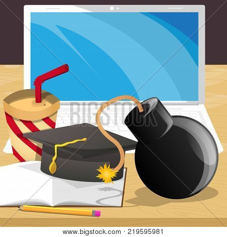 School book pencil graduation cap laptop coffee ad bomb on a school desk. Education concept. Vector cartoon style illustration.