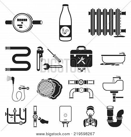 Plumbing, fitting black icons in set collection for design. Equipment and tools vector symbol stock  illustration.