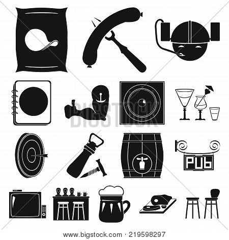 Pub, interior and equipment black icons in set collection for design. Alcohol and food vector symbol stock  illustration.