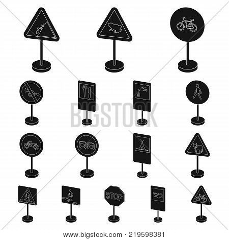 Different types of road signs black icons in set collection for design. Warning and prohibition signs vector symbol stock  illustration.