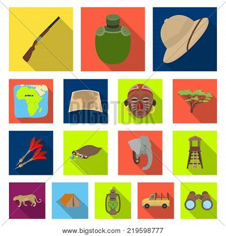 African Safari flat icons in set collection for design. Trophies and equipment for Safari vector symbol stock  illustration.