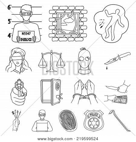 Crime and Punishment outline icons in set collection for design.Criminal vector symbol stock  illustration.