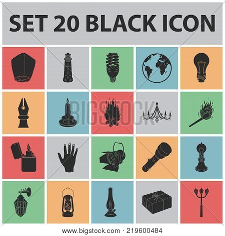 Light source black icons in set collection for design. Light and equipment vector symbol stock  illustration.