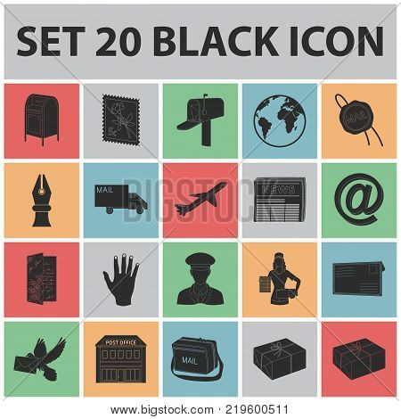Mail and postman black icons in set collection for design. Mail and equipment vector symbol stock  illustration.