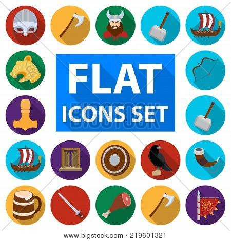 Vikings and attributes flat icons in set collection for design.Old Norse Warrior vector symbol stock  illustration.