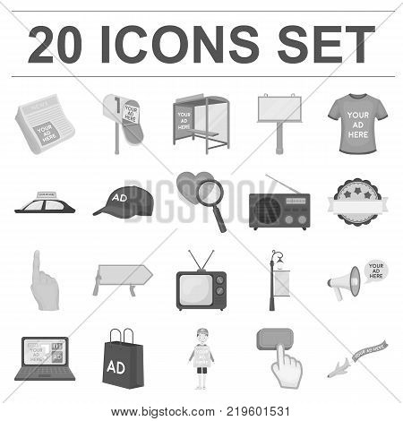 Production of advertising monochrome icons in set collection for design. Advertising equipment vector symbol stock  illustration.
