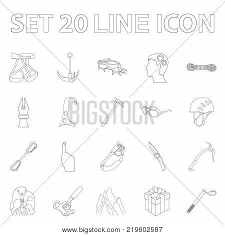 Mountaineering and climbing outline icons in set collection for design. Equipment and accessories vector symbol stock  illustration.