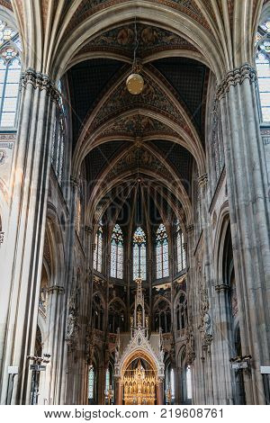 Vienna, Austria - August 16, 2017: Votivkirche, Votive Church in Vienna, interior view. The church was dedicated in 1879 on the silver anniversary of Emperor Franz Joseph and his wife Elisabeth