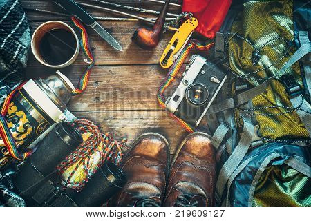 Travel Accessoires Top View. Adventure Discovery Lifestyle Holiday Activity Concept