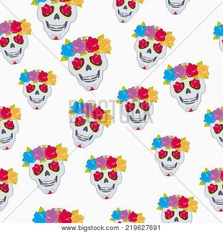 Human skull and flower wreath seamless pattern. Endless texture of isolated cranium decorated with blossoms on white. Colourful roses with leaves. Flowers instead of eyes. Cartoon flat style. Vector