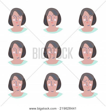 Set of female facial emotions. Woman emoji character with different expressions.