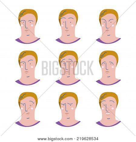 Set of male facial emotions. Man emoji character with different expressions.