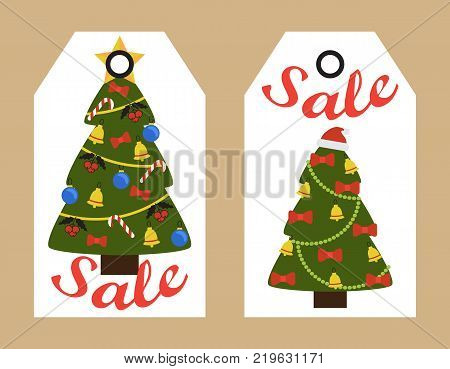 sale decorative tags with new year decorated christmas trees topped by star or santas hat - Decorative Christmas Labels sale decorative tags with new year decorated christmas trees topped by star or santas hat - Decorative Christmas Labels