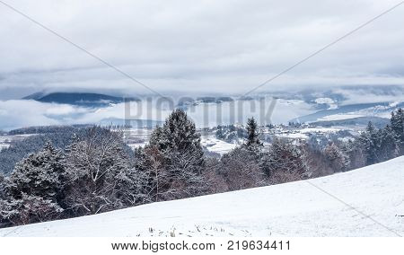 view on snowy village luesen valley south tirol Italy