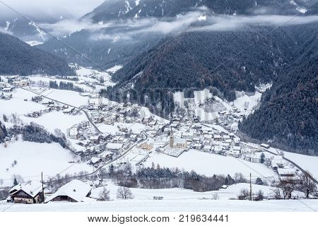 Top View On Snowy Village Luesen Valley South Tirol Italy
