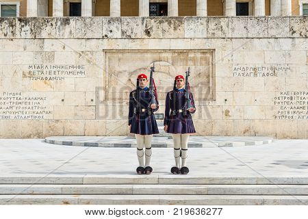 Athens Greece - November 1 2017: Changing of the presidential guard (the so-called "Evzones") in front of the Monument of the Unknown Soldier next to the Greek Parliament Syntagma square.