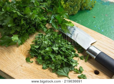 Disc Made Of Chopped Garden Parsley, Also Petersilie. Petroselinum Crispum. Green Herb, Spice And Ve