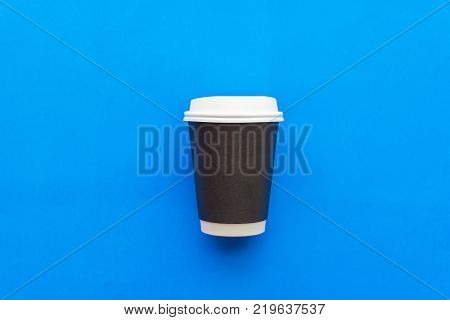 Coffee cup.Hot Coffee Cup Blue Background.Morning hot coffee in cup on blue background,copy space,Top view,flat lay,minimal style