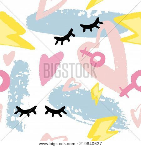 Abstract seamless patterns with hand drawn textures in memphis style. Retro fashion background.