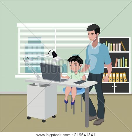 Father with son doing homework on desktop computer. Vector illustration