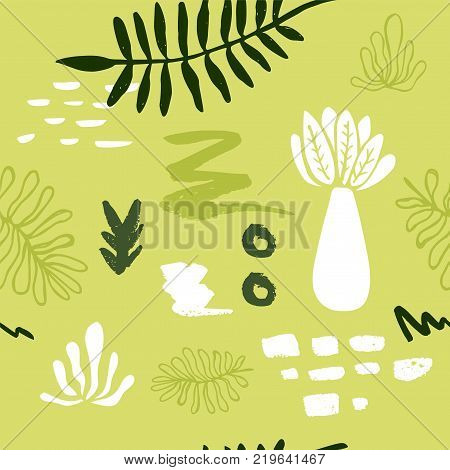 Abstract seamless patterns with hand drawn textures trees and tropical leaves. Retro fashion background.