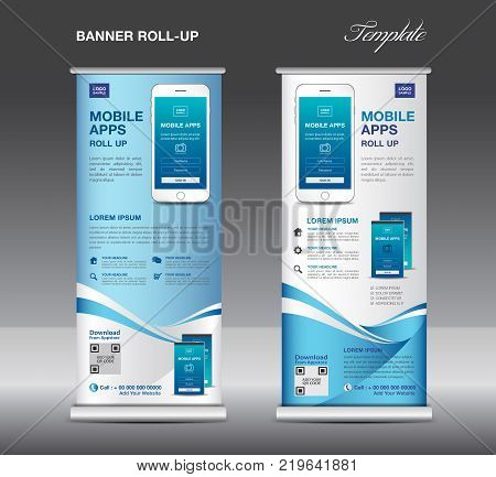 Mobile Apps Roll Up Banner Template, Stand Layout, Blue Banner, Application Presentation, Infographi