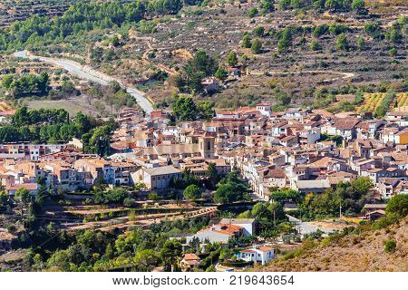 View Of The Old Spanish Town In The Forest Pratdip, Tarragona, Spain. Top View