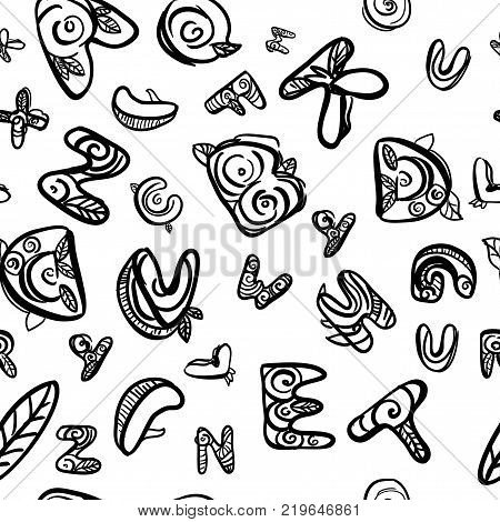 Hand drawn latin font. Doodle style. Flloral vector symbols. Seamless pattern