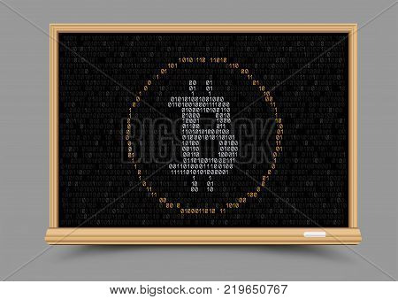 School blackboard crypto currency bitcoin lesson on gray background. Teach to mining finance. E-commerce business learning